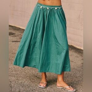 Free People Lowen Midi Skirt Green 100% Cotton w POCKETS
